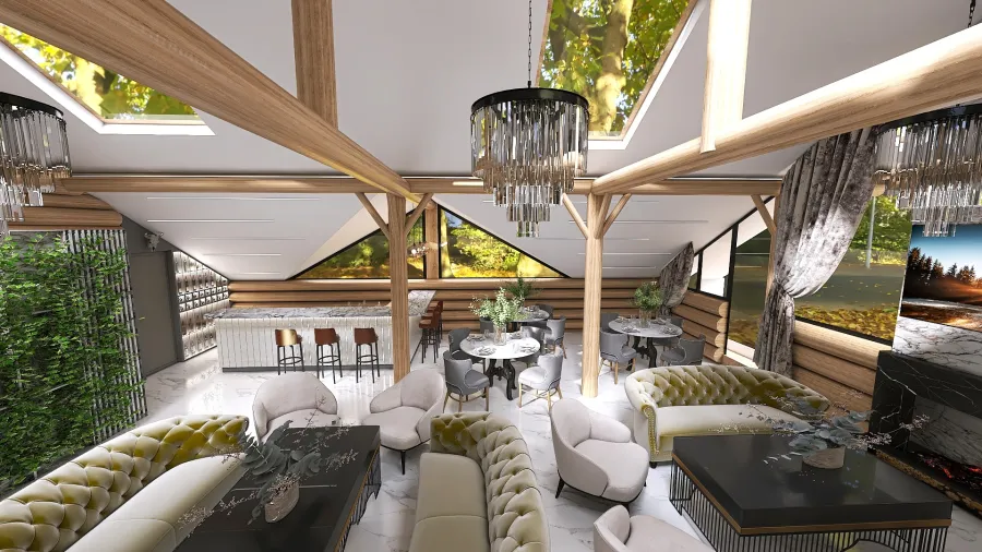 Farmhouse WoodTones Restaurant and kitchen 3d design renderings