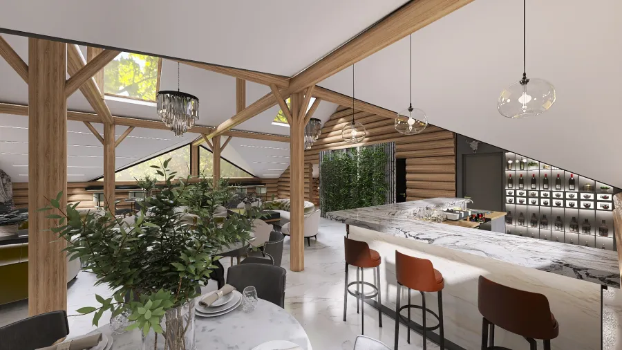 Farmhouse WoodTones Restaurant and kitchen 3d design renderings