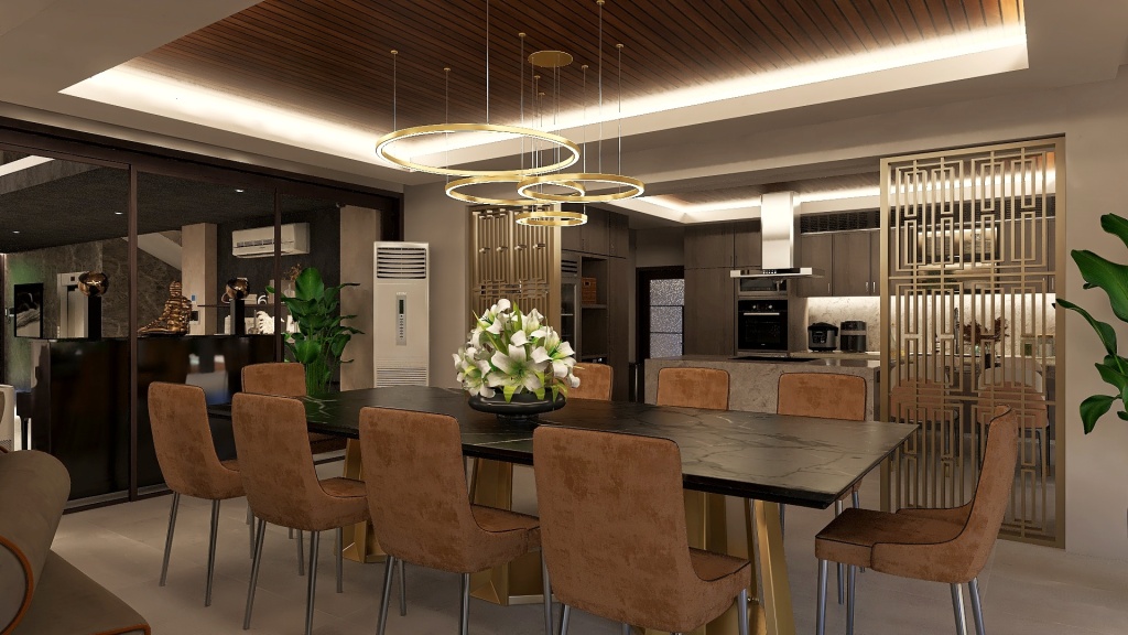 Modern Black Green Living and Dining Room 3d design renderings