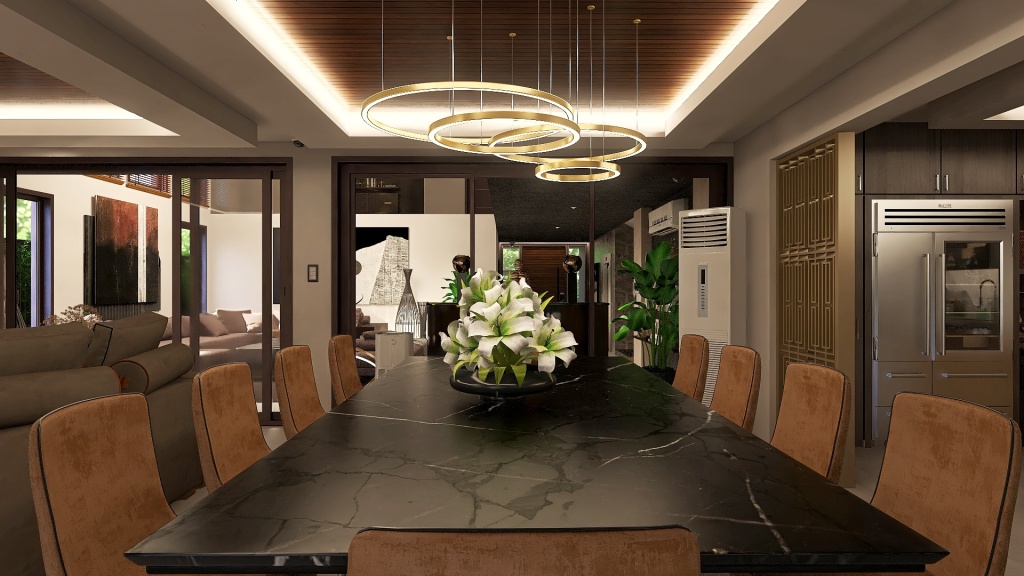 Modern Black Green Living and Dining Room 3d design renderings