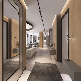 Stylish hallway featuring a modern mirror and wood accents, designed using Homestyler for interior decor optimization, showcasing advanced real-time 3D rendering for an enhanced preview experience.
