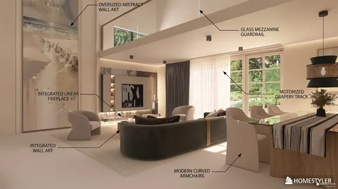 A modern living room featuring oversized abstract wall art, an integrated linear fireplace, and modern curved armchairs, designed with a contemporary style emphasizing spaciousness and elegance, utilizing Homestyler's real-time 3D rendering for accurate visualization.