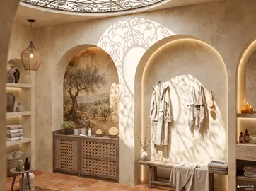Rustic bathroom design with decorative wall and arched alcoves featuring a serene olive tree mural, showcasing Homestyler's real-time 3D rendering for quick renovation previews.