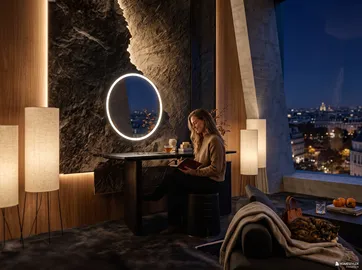a person reading by a modern desk with a round mirror in a contemporary living room at night showcasing a city view, utilizing Homestyler's real-time 3D rendering for interior design.