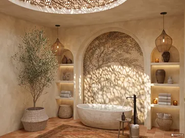 modern bathroom design featuring a freestanding bathtub and decorative wall art with natural elements, styled with a warm color palette and ambient lighting, showcasing Homestyler's real-time 3D rendering functionality for immediate design previews.
