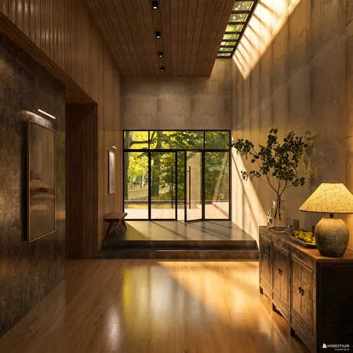 modern hallway design with large windows allowing natural light, featuring wooden elements and greenery, interior decor showcasing smart furniture arrangement using Homestyler's AR virtual furniture placement