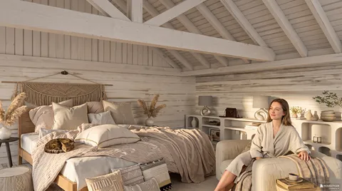cozy bedroom design featuring a woman relaxing on a chair with soft textiles in a rustic style, showcasing interior decor elements, utilizing Homestyler's real-time 3D rendering feature.