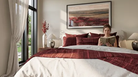 A woman reading a book in a cozy bedroom with a warm color palette, emphasizing relaxation and comfort; showcasing interior design featuring soft textiles and decorative art, utilizing Homestyler's real-time 3D rendering feature.