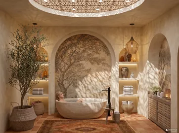 luxurious bathroom with a freestanding bathtub under a decorative ceiling featuring intricate patterns, styled in a natural and earthy aesthetic, showcasing an interior decor concept for relaxing spaces using Homestyler's real-time 3D rendering feature.