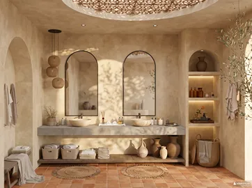 A modern bathroom featuring dual sinks and an earthy color palette, showcasing a minimalist design and natural materials, ideal for creating a serene and functional space. Includes Homestyler's real-time 3D rendering to visualize design proposals.