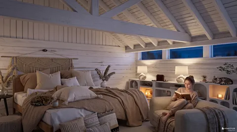 Warmly decorated bedroom with a woman reading, showcasing cozy interior design in a rustic style, featuring a Homestyler real-time 3D rendering to preview decoration effects.