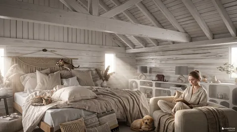 cozy bedroom with a woman reading while sitting on an armchair, designed in a rustic style with natural elements and warm lighting, showcasing Homestyler's real-time 3D rendering feature for interior design visualization.