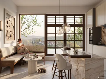 Interior living space featuring a seating area with a woman enjoying her time, designed in a modern style with large windows for natural light and a scenic view, utilizing Homestyler's real-time 3D rendering for design previews.