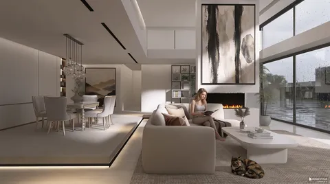 modern living room featuring a woman reading on a sofa with a stylish fireplace and large windows, showcasing contemporary interior design, utilizing Homestyler's real-time 3D rendering for design proposal presentation.