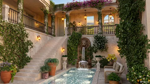 outdoor courtyard with a fountain and lush greenery featuring a Mediterranean style, showcasing a luxurious design with Homestyler's real-time 3D rendering feature.