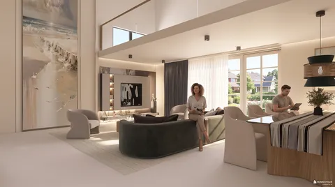 modern living room design featuring a stylish sectional sofa and a dining area, showcasing an elegant aesthetic with ample natural light, utilizing Homestyler's real-time 3D rendering for an immersive design experience.