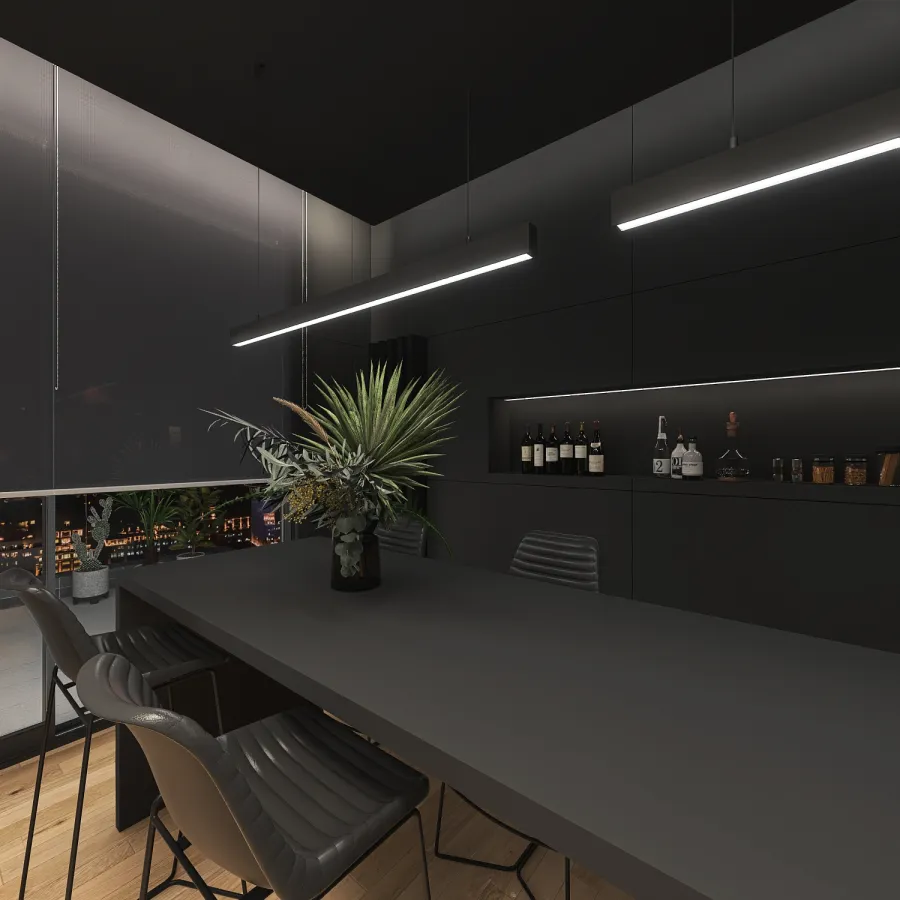 Contemporary Bauhaus Black Living and Dining Room 3d design renderings