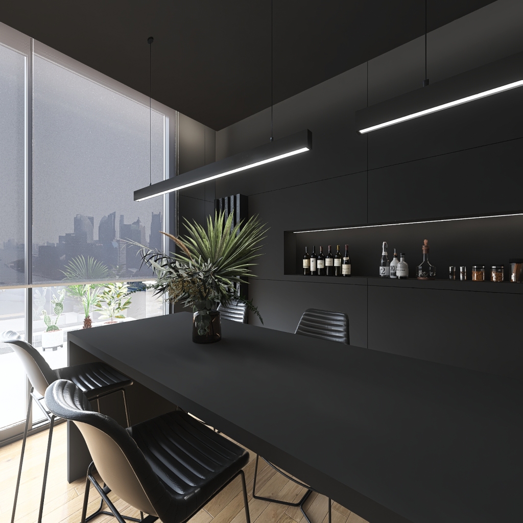 Contemporary Bauhaus Black Living and Dining Room 3d design renderings