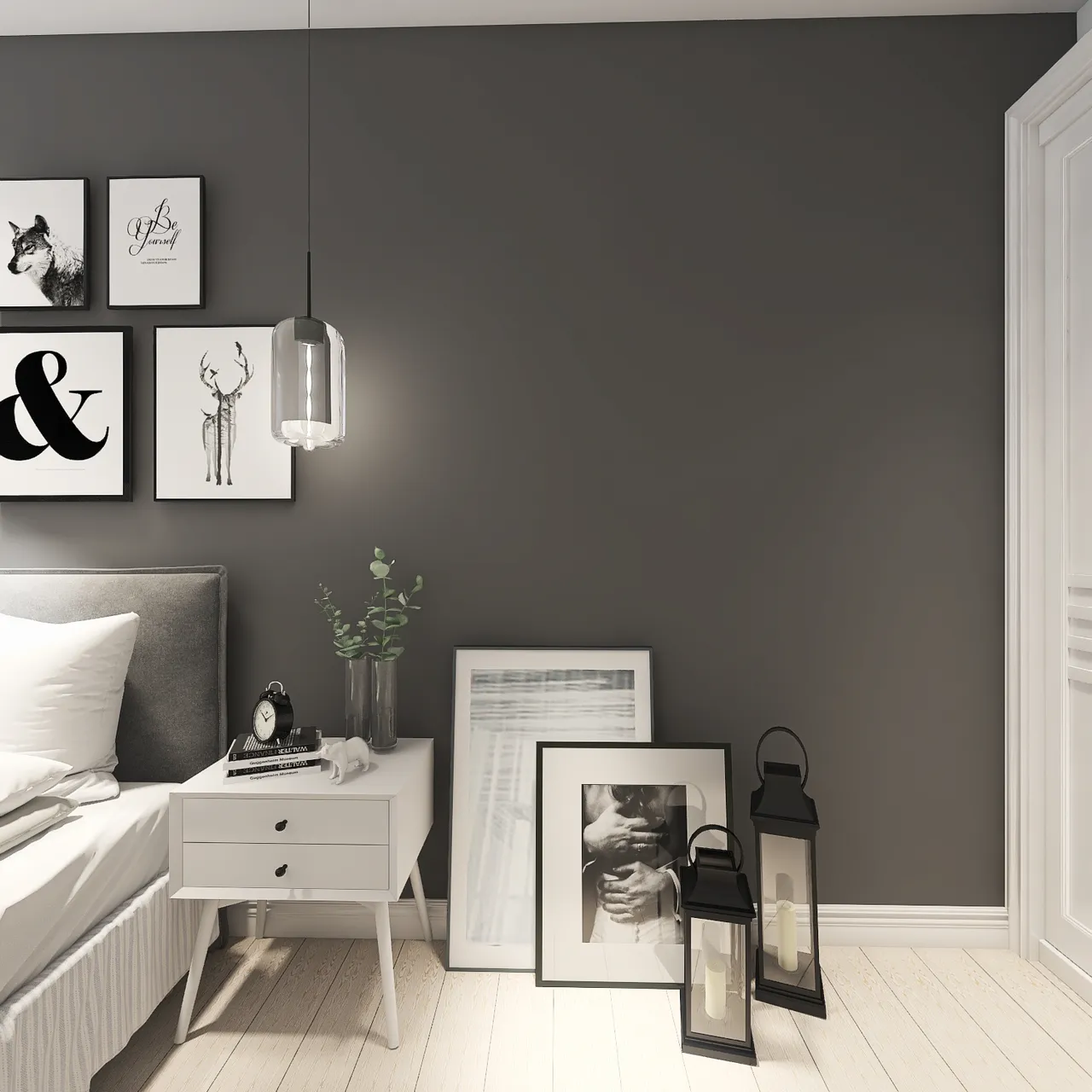 Scandinavian Modern White Grey Bedroom 3d design renderings