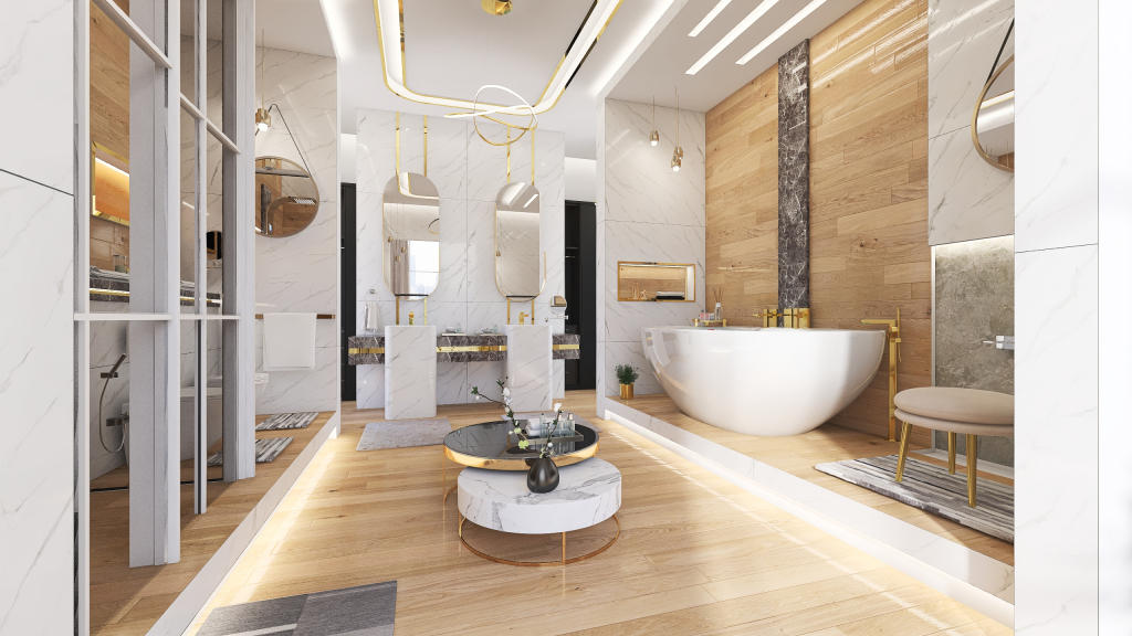 Contemporary ArtDeco #HSDA2020Residential Luxury Ensuite  WoodTones White 3d design renderings