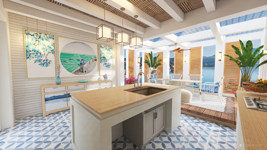 Costal Mediterranean Blue Beige White ColdTones Kitchen 3d design renderings