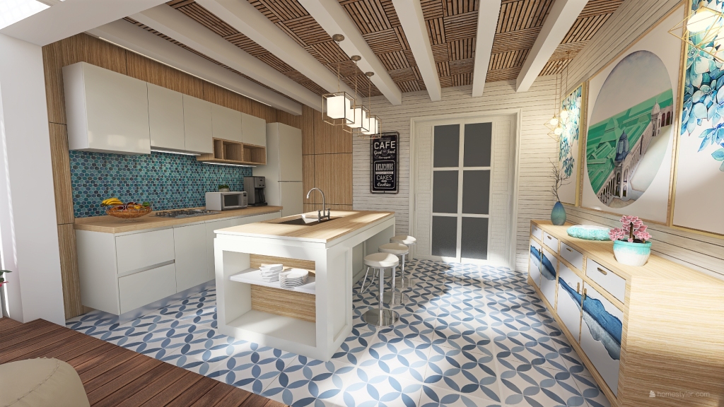 Costal Mediterranean #HSDA2020Residential Coastal Design Kitchen & Dining Blue Beige White ColdTones 3d design renderings