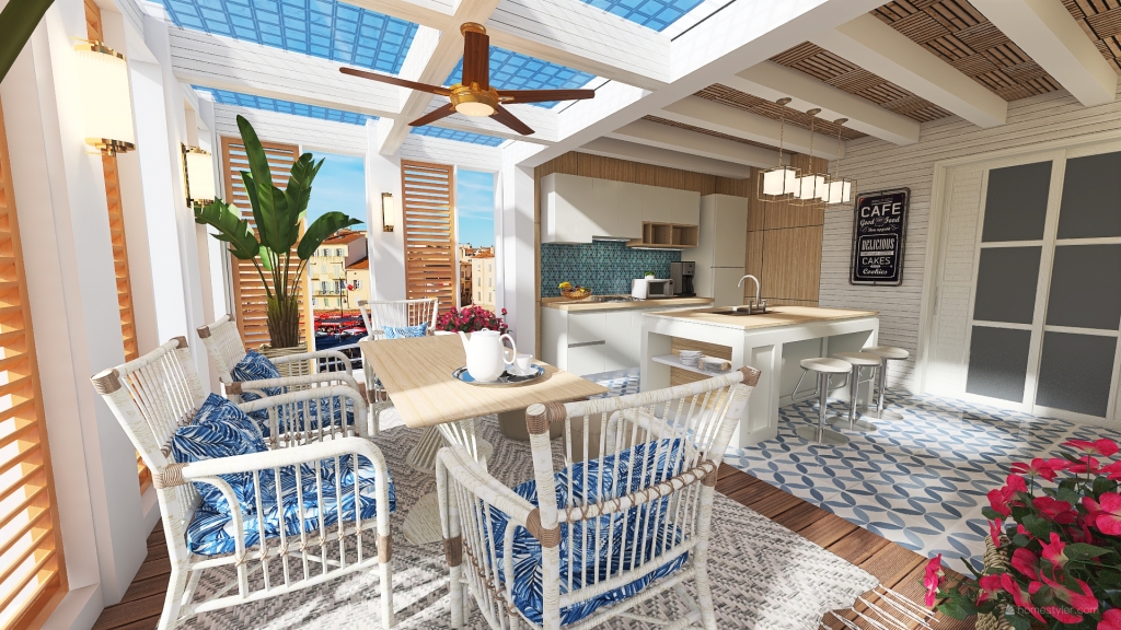 Costal Mediterranean #HSDA2020Residential Coastal Design Kitchen & Dining Blue Beige White ColdTones 3d design renderings