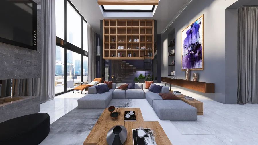 Contemporary #HSDA2020Residencial.  Penthouse en el centro de la ciudad. WoodTones Blue Purple 3d design renderings