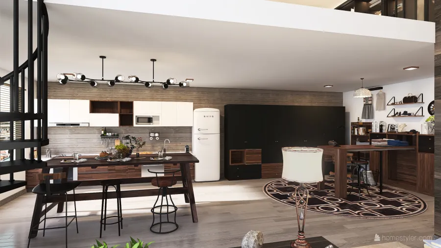 Contemporary Rustic EarthyTones Black Beige Living Room 3d design renderings