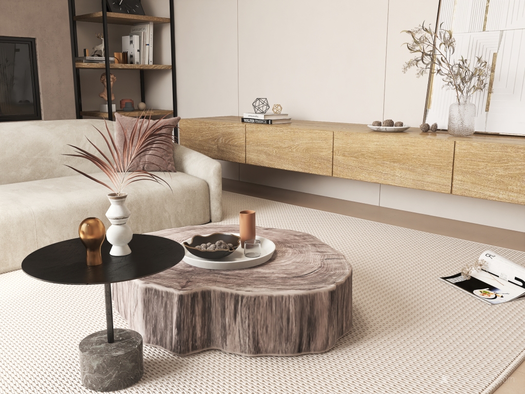 WabiSabi EarthyTones WoodTones Living Room 3d design renderings