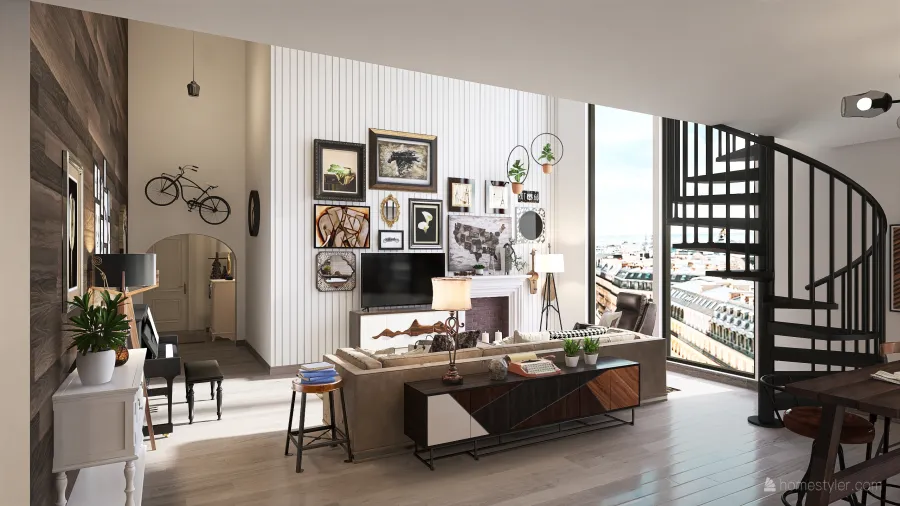 Contemporary Rustic EarthyTones Black Beige Living Room 3d design renderings