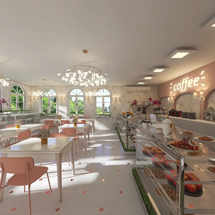 StyleOther Modern Cooffe shop #HSDA2020Commercial White Green 3d design renderings
