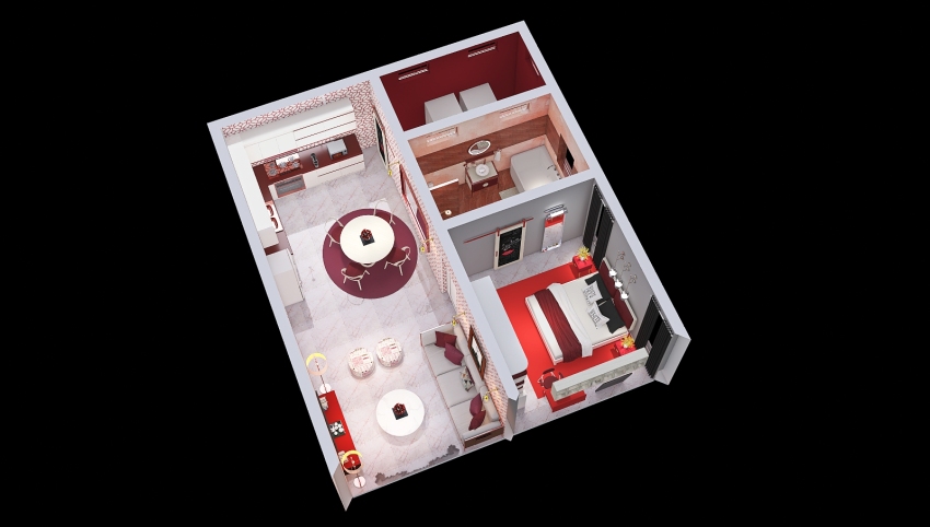 Red One Bedroom Apartment 3d design picture 64.24