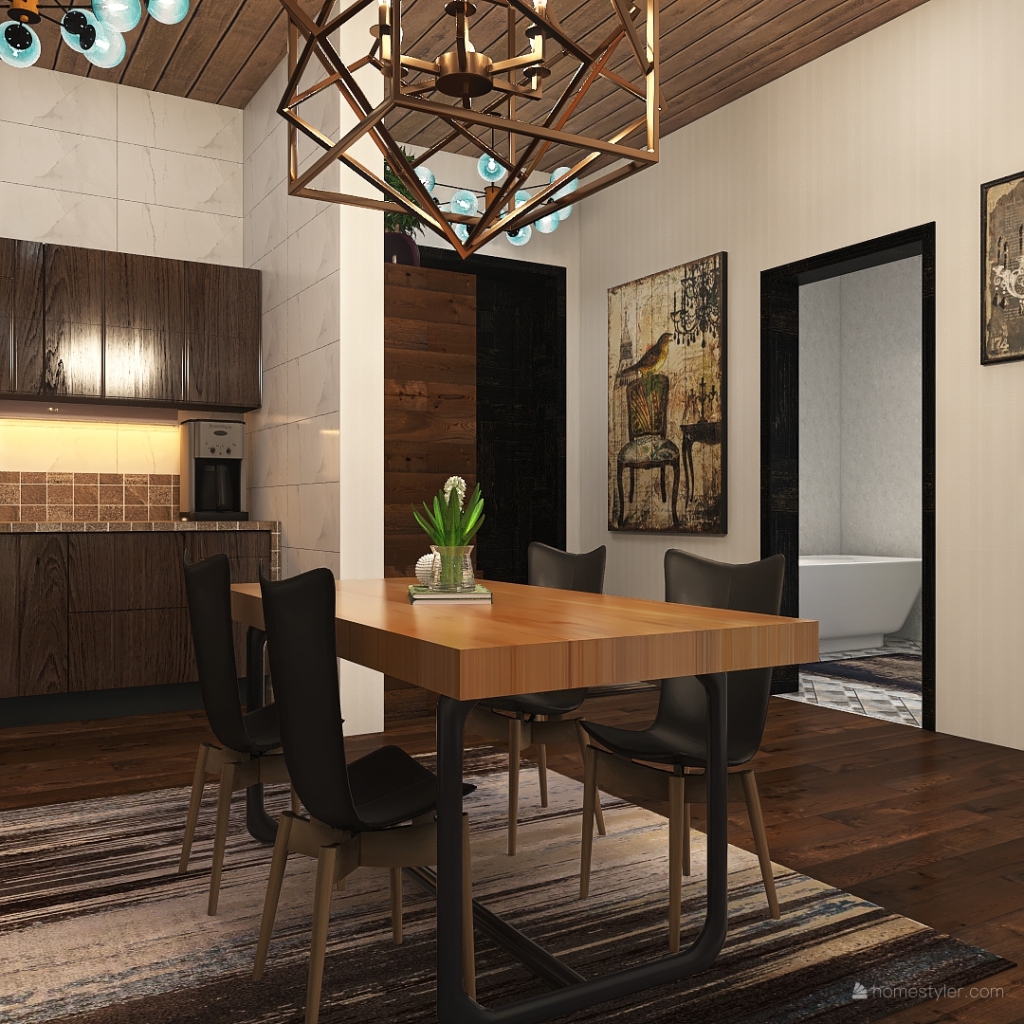 Contemporary Bohemian TropicalTheme WoodTones Living and Dining Room 3d design renderings
