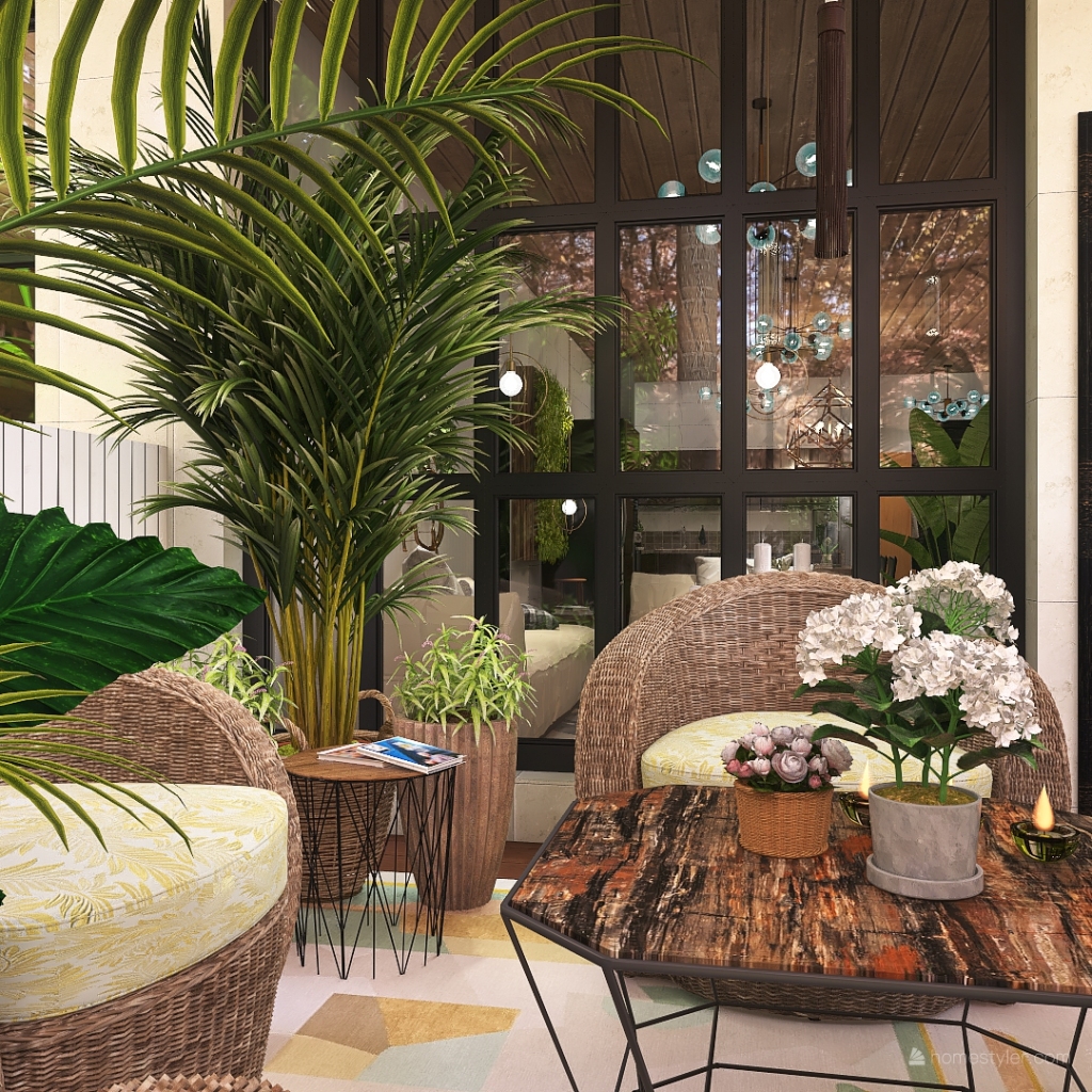 Contemporary Bohemian TropicalTheme WoodTones Balcony 3d design renderings