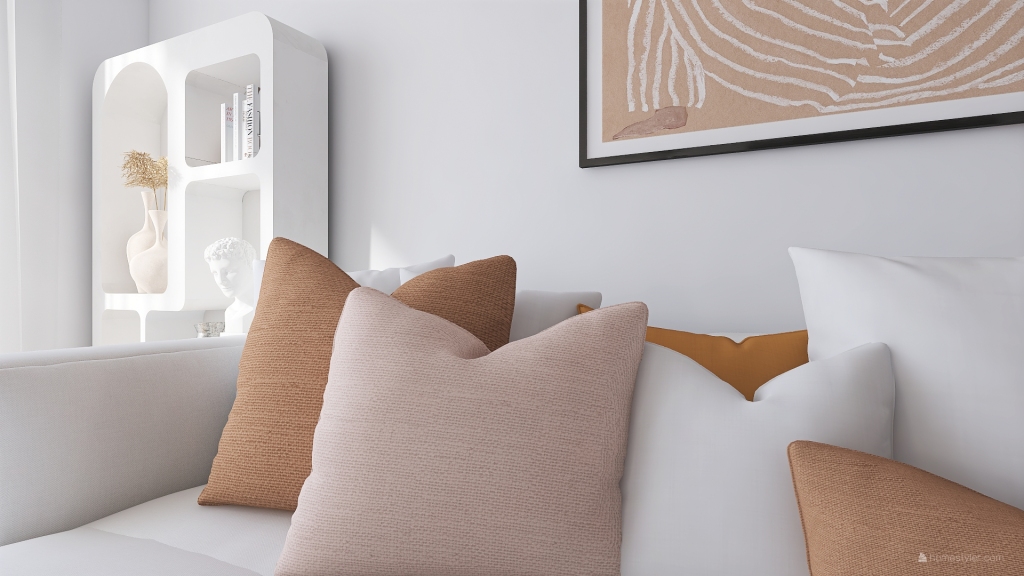 Contemporary EarthyTones White WoodTones Orange Living Room 3d design renderings
