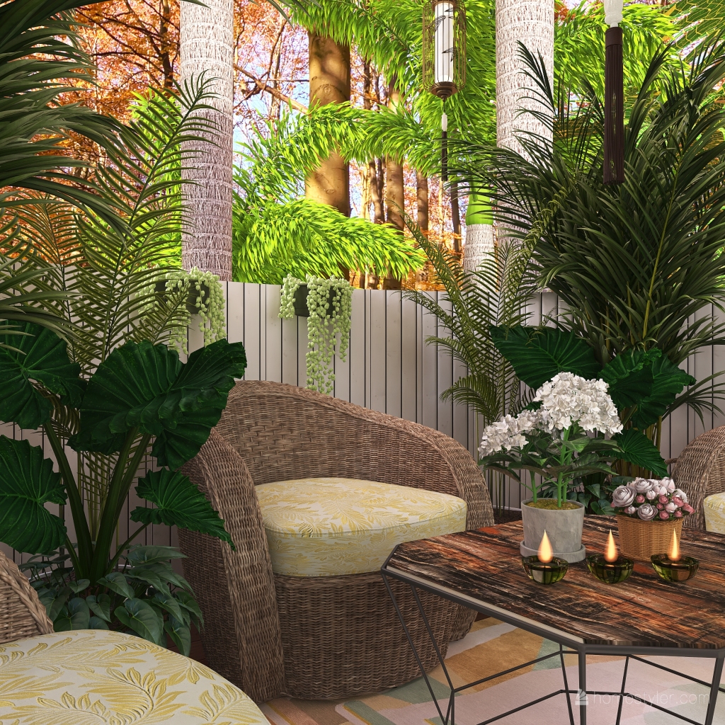 Contemporary Bohemian TropicalTheme WoodTones Balcony 3d design renderings