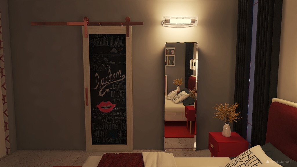 Red One Bedroom Apartment 3d design renderings