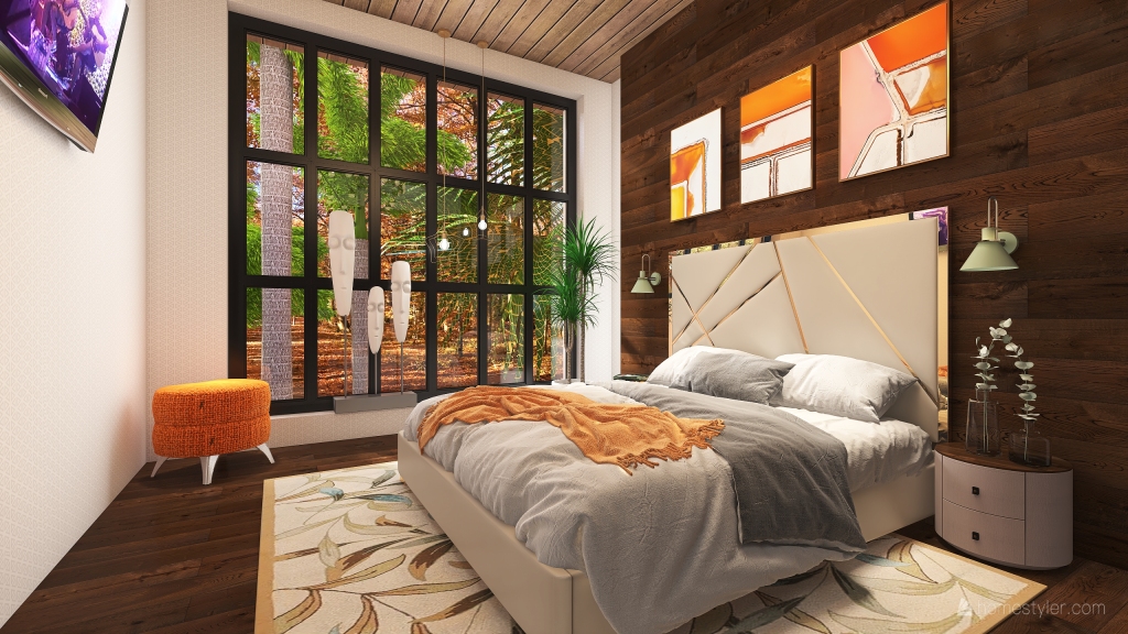 Contemporary Bohemian TropicalTheme WoodTones Bedroom1 3d design renderings