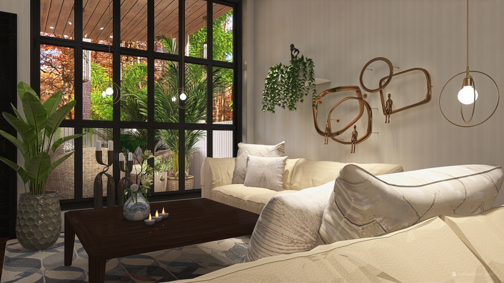 Contemporary Bohemian TropicalTheme WoodTones Living and Dining Room 3d design renderings