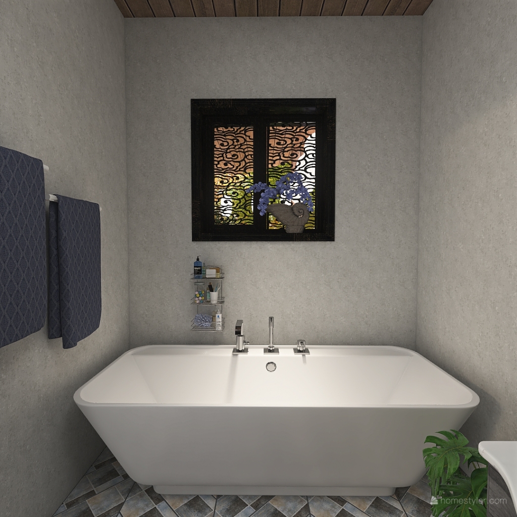 Contemporary Bohemian TropicalTheme WoodTones Bathroom 3d design renderings
