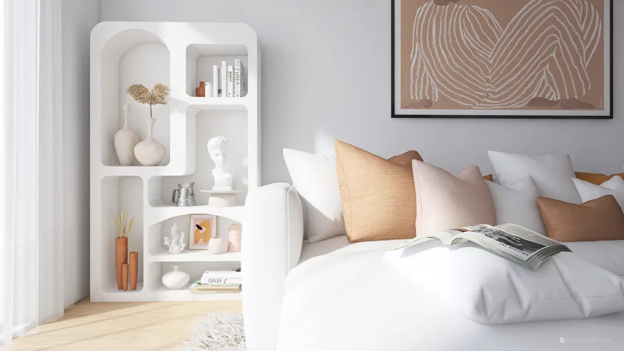 Contemporary EarthyTones White WoodTones Orange Living Room 3d design renderings
