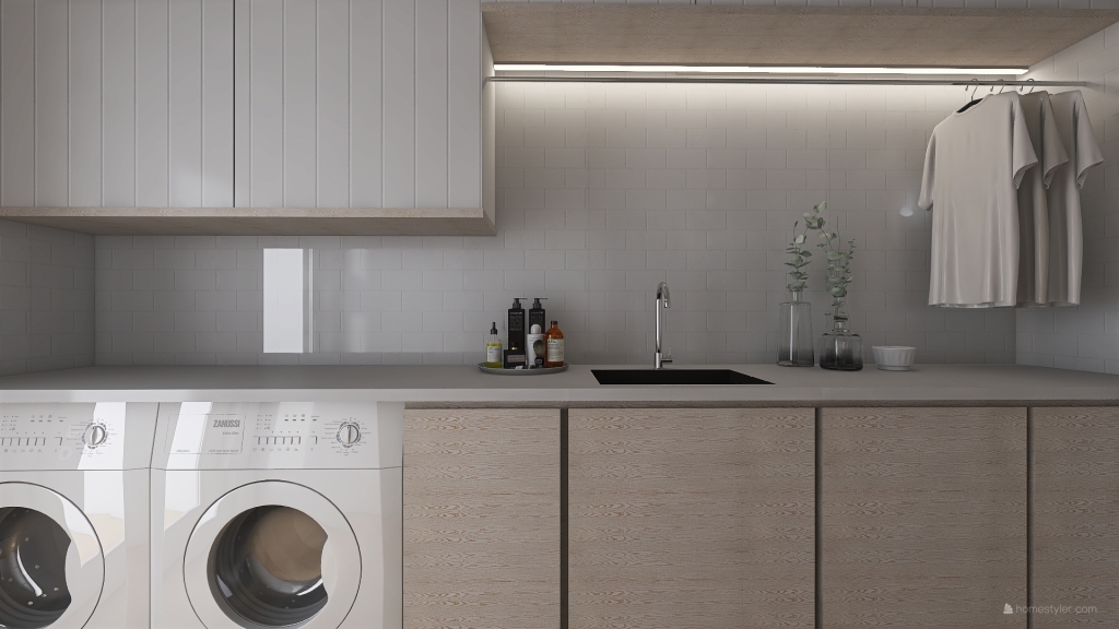 Contemporary EarthyTones White WoodTones Orange Laundry Room 3d design renderings