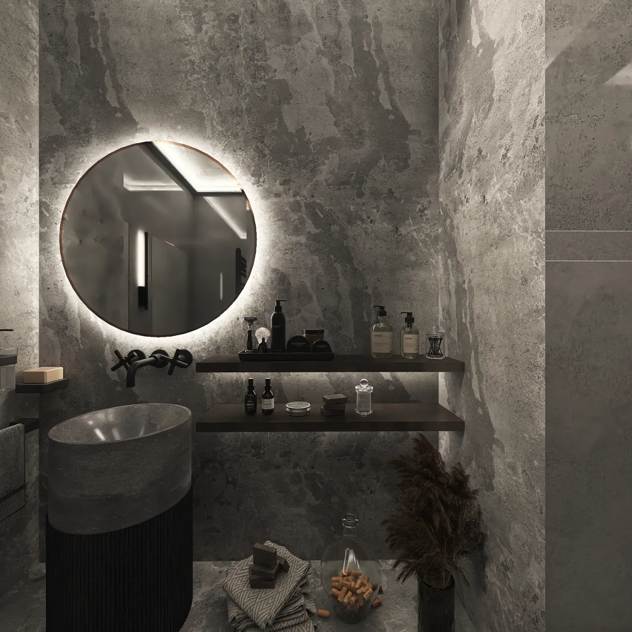 WabiSabi Grey Beige White WarmTones Bathroom 3d design renderings