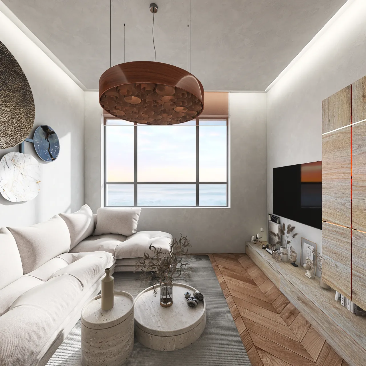 WabiSabi Grey Beige White WarmTones LivingRoom 3d design renderings