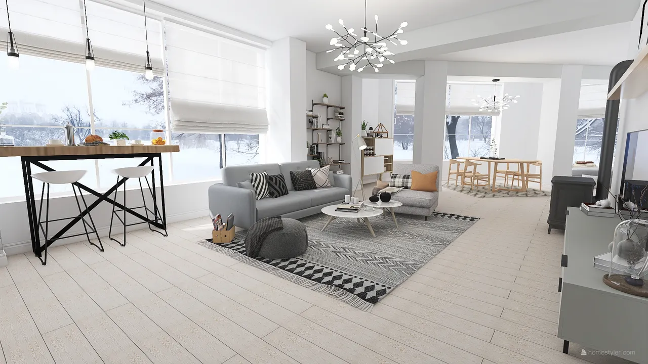 Scandinavian Modern White Grey LivingDiningRoom 3d design renderings