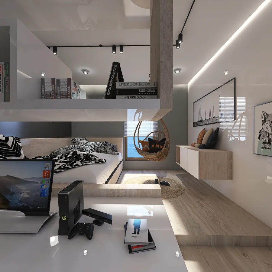 Contemporary Bohemian WabiSabi EarthyTones Grey White Dormitorio juvenil 3d design renderings