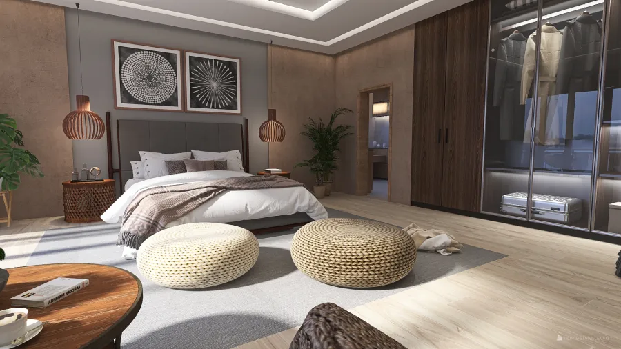 Contemporary Bohemian WabiSabi EarthyTones Grey White Dormitorio principal 3d design renderings