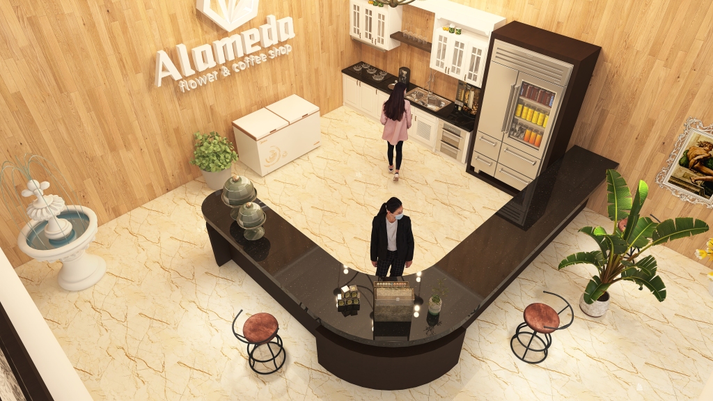 StyleOther Green Beige WoodTones WarmTones Alameda Flower & Coffee Shop 3d design renderings