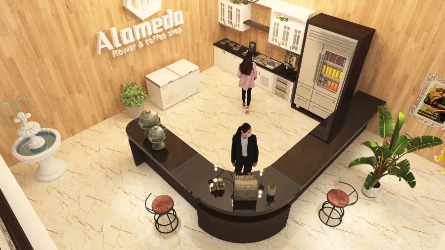 StyleOther Green Beige WoodTones WarmTones Alameda Flower & Coffee Shop 3d design renderings